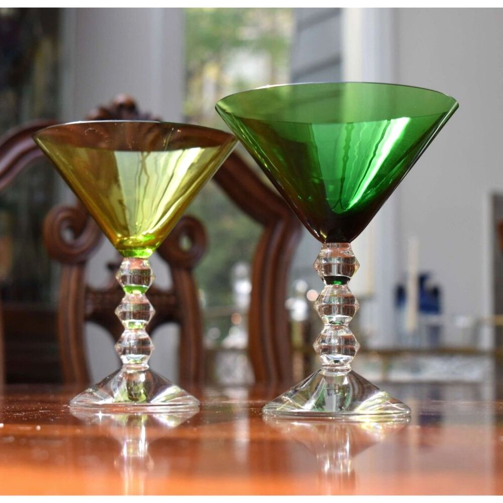Baccarat Vega Crystal Martini Glasses Pair Emerald Green Chartreuse France - 6"